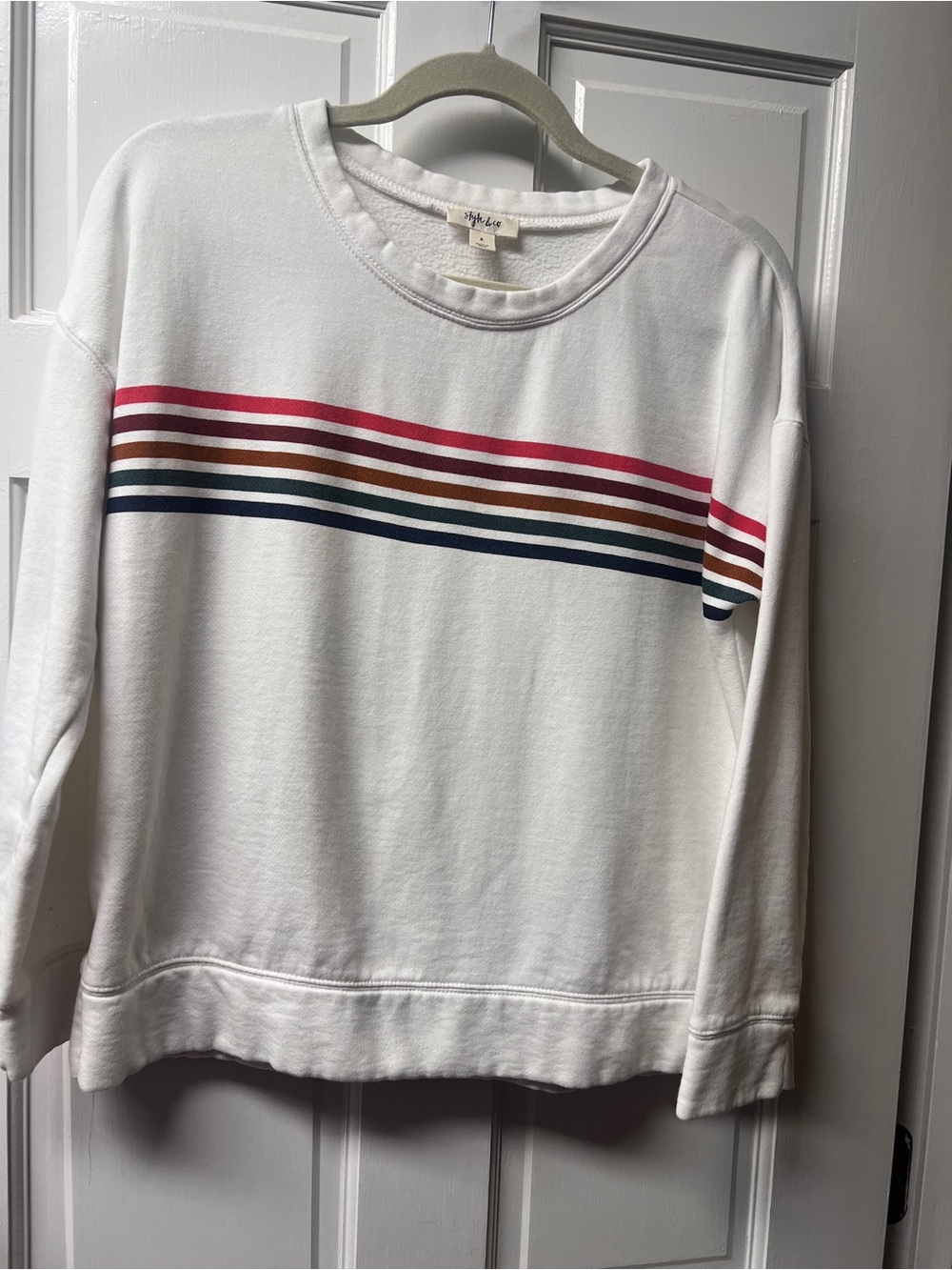 Style & Co. White Crewneck Sweatshirt with Multi-Color Chest Stripes